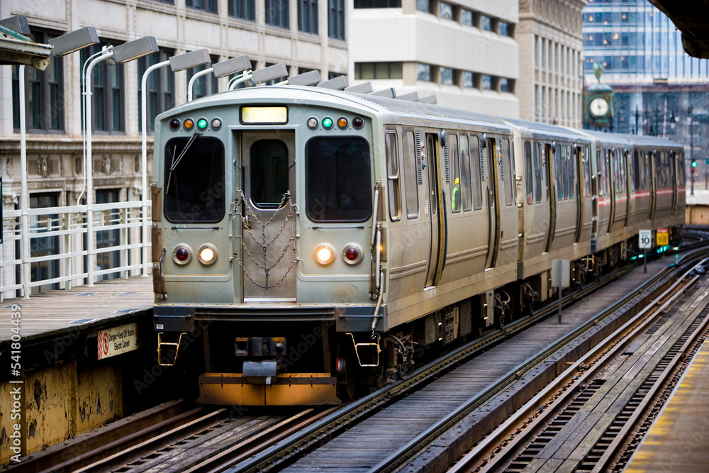 An elevated train pulls into a Loop station in Chicago, Illinois.