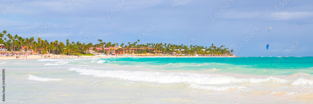 Caribbean beach panoramic landscape. Sandy coast with palms