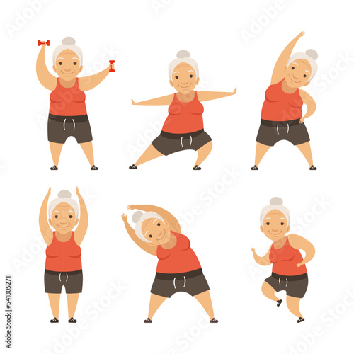Senior Woman with Grey Hair Doing Physical Exercises Stretching Vector Set