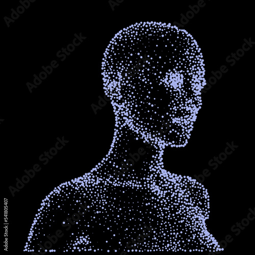 Abstract 3D illustration of the human face made of particles. Conceptual vector illustration of the artificial intelligence.