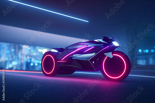 Futuristic Generic 3D motorcycle concept design with purple neon ambiance and blue city backdrop, mixed digital 3d illustration and matte painting photo