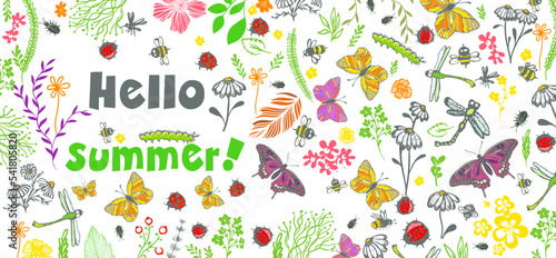 Mug design with flowers and insects. Hello summer. Vector illustration