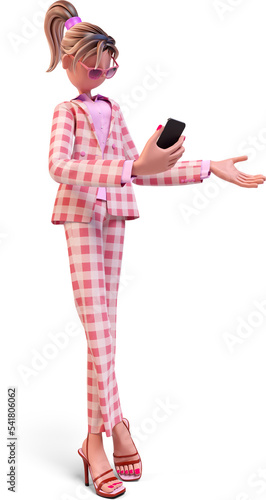 Cartoon full body young woman in a pink suit looks at her smartphone with incomprehension or bewilderment. Left view. 3d render illustration isolated on transparent background photo