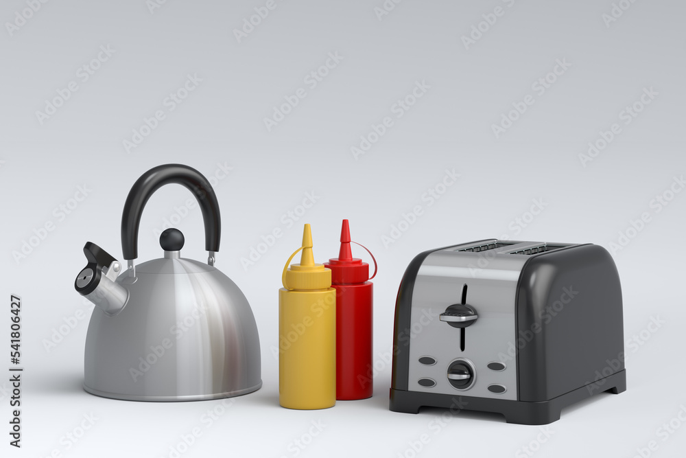 Toaster, kettle with kitchen utensil for preparation of breakfast on white Toaster, kettle with kitchen utensil for preparation of breakfast on white