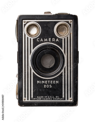 vintage black box camera from the 1920s, classic elegant art deco design, manufactured in the USA (company name changed) - isolated design element for retro collage art and thelike