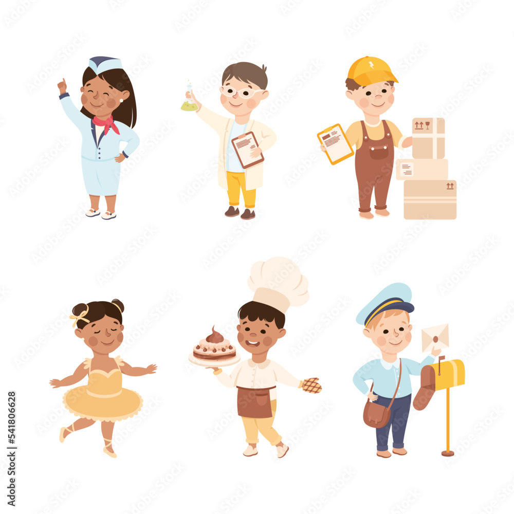 Cheerful Boy and Girl Depicting Different Profession and Occupation Vector Set Cheerful Boy and Girl Depicting Different Profession and Occupation Vector Set
