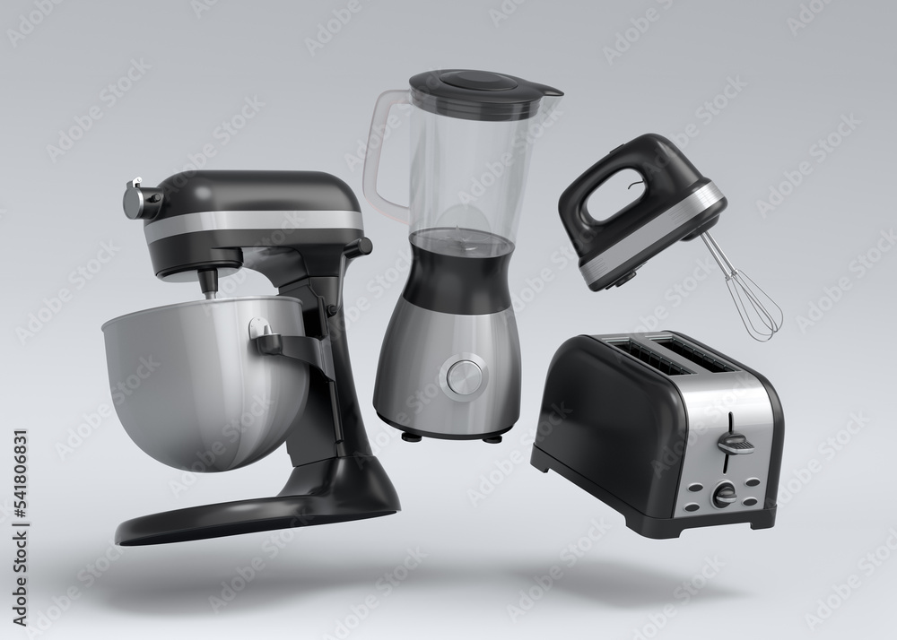 Electric kitchen appliances and utensils for making breakfast on white Electric kitchen appliances and utensils for making breakfast on white