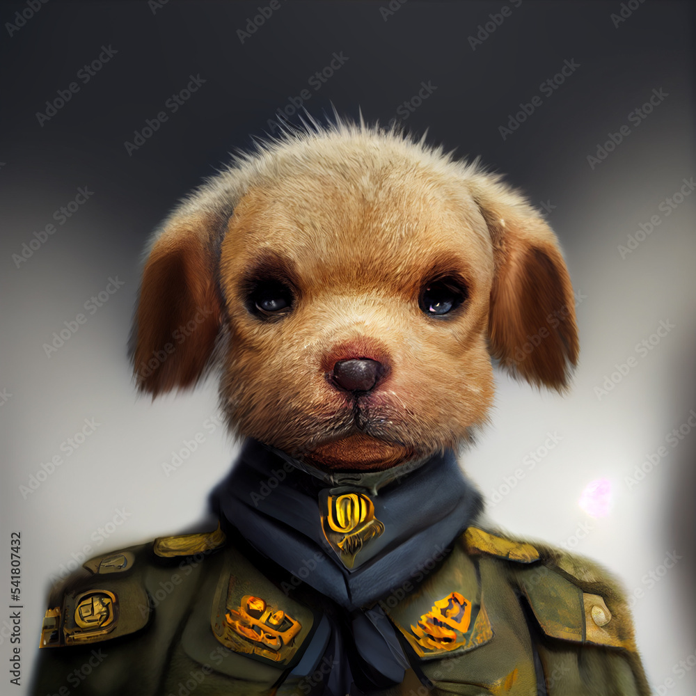 Dog is wearing military uniform. soldier dog character. Stock