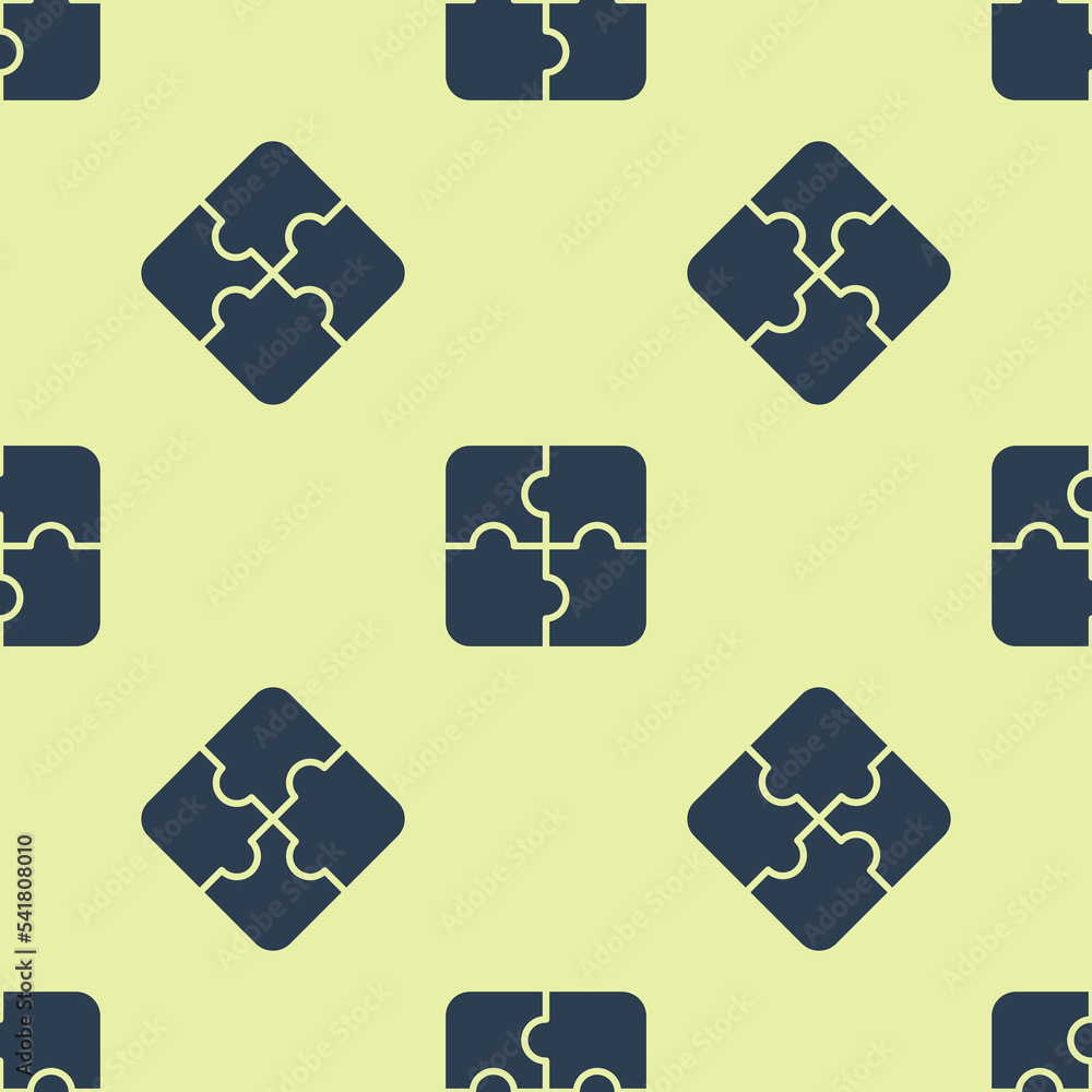 Blue Piece of puzzle icon isolated seamless pattern on yellow background. Business, marketing, finance, template, layout, infographics, internet concept. Vector Blue Piece of puzzle icon isolated seamless pattern on yellow background. Business, marketing, finance, template, layout, infographics, internet concept. Vector