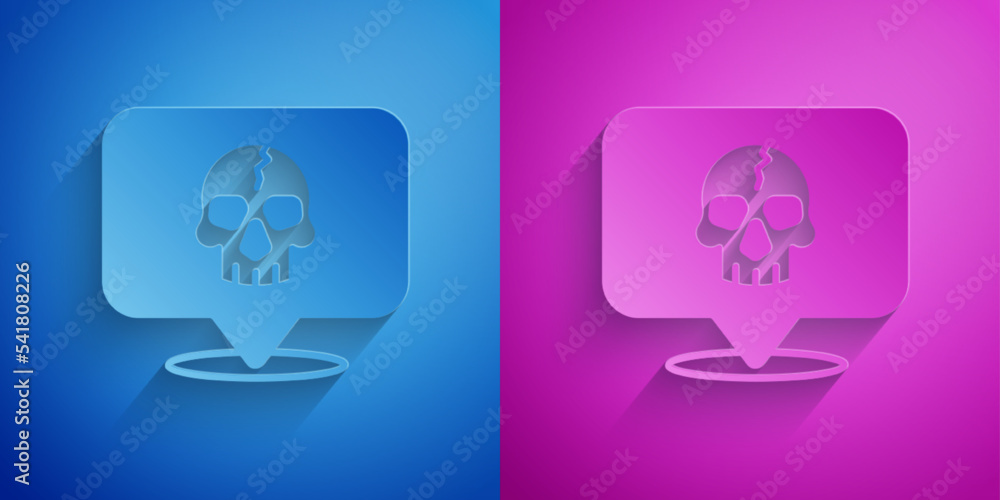 Paper cut Skull icon isolated on blue and purple background. Pirate captain. Happy Halloween party. Paper art style. Vector Paper cut Skull icon isolated on blue and purple background. Pirate captain. Happy Halloween party. Paper art style. Vector