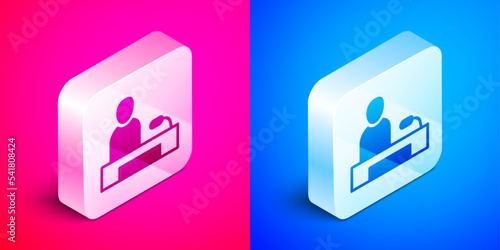 Isometric Television report icon isolated on pink and blue background. TV news. Silver square button. Vector