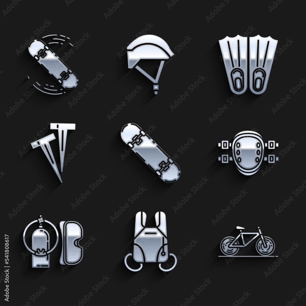 Fototapeta premium Set Skateboard trick, Parachute, Bicycle, Knee pads, Diving mask and aqualung, Pegs for tents, Rubber flippers swimming and icon. Vector