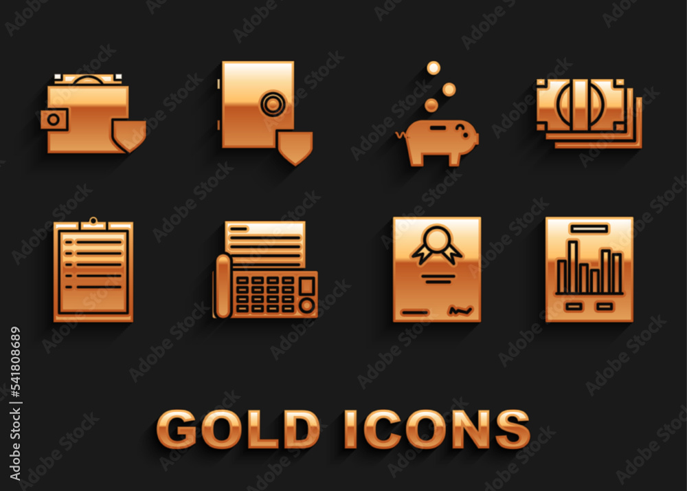 Set Fax machine, Stacks paper money cash, Document with graph chart, Certificate template, Clipboard checklist, Piggy bank coin, Wallet and shield and Safe icon. Vector Set Fax machine, Stacks paper money cash, Document with graph chart, Certificate template, Clipboard checklist, Piggy bank coin, Wallet and shield and Safe icon. Vector