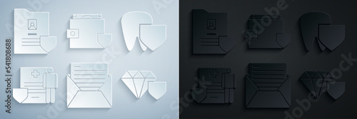 Set Mail and e-mail, Tooth with shield, Medical clipboard clinical record, Diamond, Wallet money and Document icon. Vector
