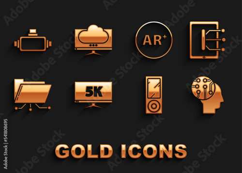 Set Monitor display with 5k video, Tablet, Human brain as digital circuit board, Music player, Folder and lock, Ar, augmented reality, Virtual glasses and Computer monitor screen icon. Vector