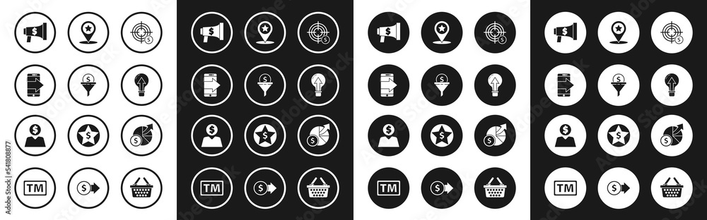 Set Target with dollar symbol, Lead management, Smartphone, mobile phone, Megaphone and, Light bulb, Map pointer star, Money diagram graph and Business planning mind icon. Vector