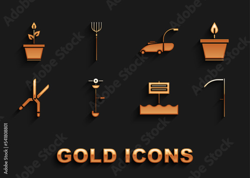Set Grass and weed electric string trimmer, Plant pot, Scythe, Blank wooden sign board, Gardening handmade scissors, Lawn mower, and pitchfork icon. Vector