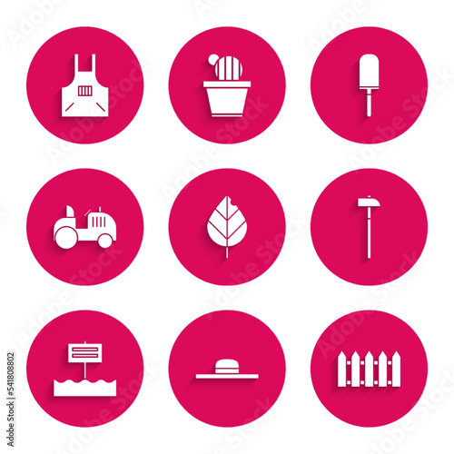 Set Leaf, Worker hat, Garden fence wooden, Hammer, Blank sign board, Tractor, trowel spade shovel and Kitchen apron icon. Vector