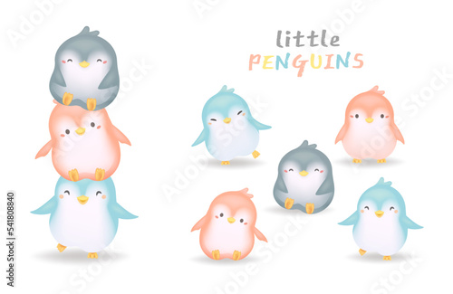 Cute and funny penguins set with different poses