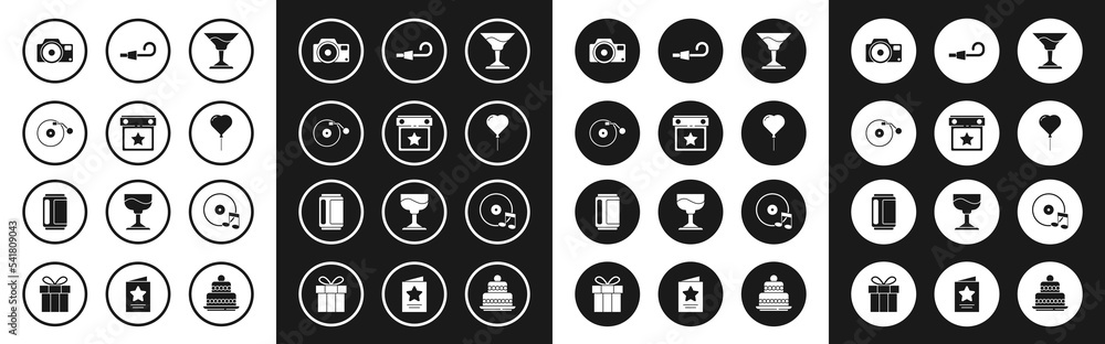 Set Cocktail, Calendar party, Vinyl player with disk, Photo camera, Balloon form of heart, Birthday horn, and Beer can icon. Vector