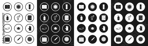 Set Blood test and virus, Gender, Bottle of liquid antibacterial soap, First aid kit, Clipboard with blood results, Virus, Medical rubber gloves and Ebola disease icon. Vector
