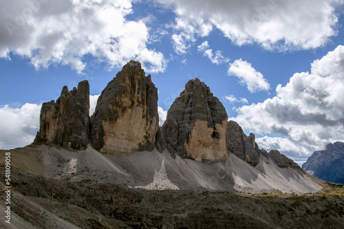 Dolomites.Tre Cime di Lavaredo Mountain range in the Eastern Alps. The massif is located in the northeastern part of Italy.The Dolomites are a popular area for tourism and winter sports.