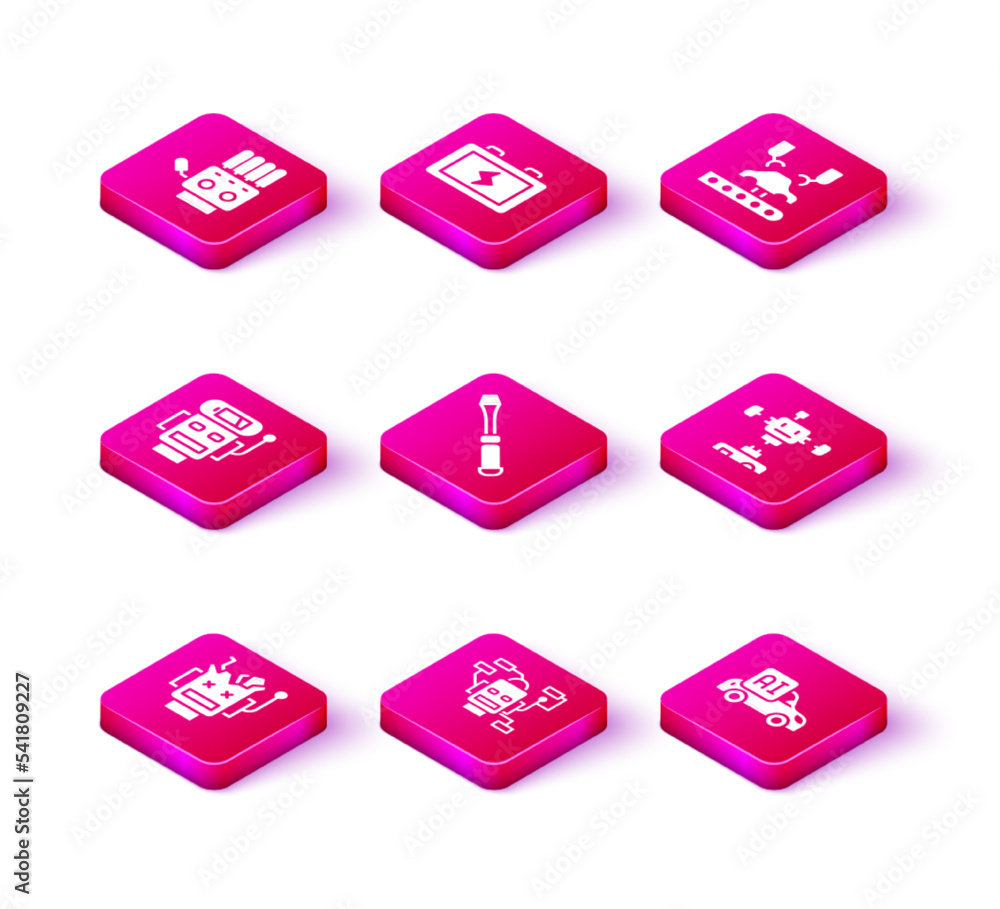 Set Broken robot, Robot, low battery charge, Screwdriver, Autonomous smart car, Disassembled, Robotic arm factory and Battery icon. Vector Set Broken robot, Robot, low battery charge, Screwdriver, Autonomous smart car, Disassembled, Robotic arm factory and Battery icon. Vector