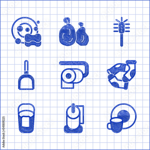 Set Toilet paper roll, Washing dishes, Socks, Bucket with rag, Dustpan, brush and icon. Vector