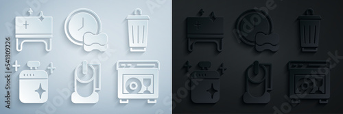 Set Toilet paper roll, Trash can, Clean cooking pot, Dishwasher machine, Washing dishes and table icon. Vector