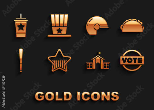 Set USA Independence day, Taco with tortilla, Vote, United States Capitol Congress, Baseball bat, helmet, Paper glass straw and Patriotic American top hat icon. Vector