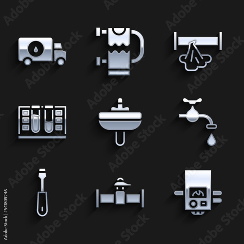 Set Washbasin, Industry pipe and valve, Gas boiler, Water tap, Screwdriver, Test tube with water drop, Broken and Plumber service car icon. Vector