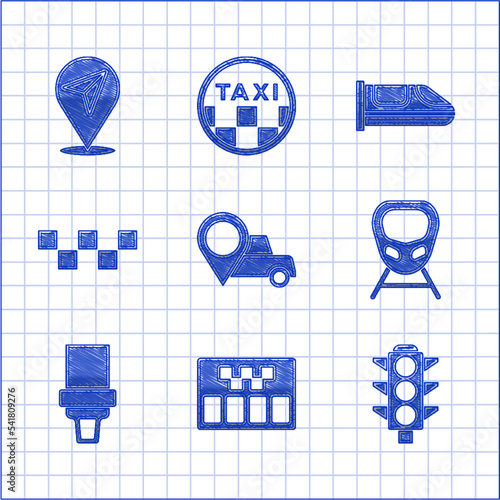 Set Location with taxi, Taximeter, Traffic light, High-speed train, Safety belt, car roof, and icon. Vector
