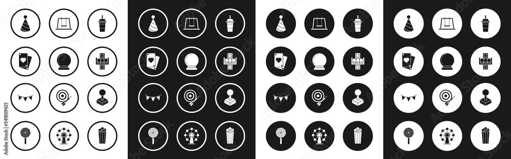Fototapeta premium Set Paper glass with drinking straw and water, Magic ball, Playing card, Party hat, Attraction carousel, Swing, Joystick for arcade machine and Carnival garland flags icon. Vector