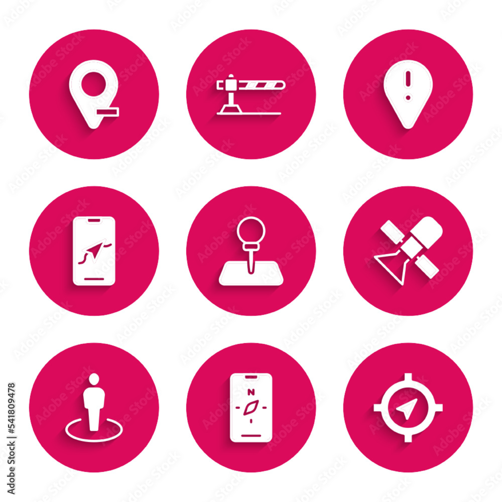 Set Push pin, Compass on mobile, Satellite, Location with person, City map navigation, exclamation mark and icon. Vector Set Push pin, Compass on mobile, Satellite, Location with person, City map navigation, exclamation mark and icon. Vector