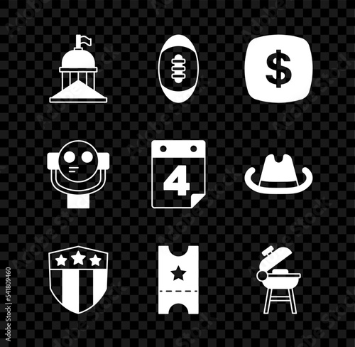 Set White House, American Football ball, Dollar symbol, Shield with stars, Baseball ticket, Barbecue grill, Tourist binoculars and Calendar date July 4 icon. Vector
