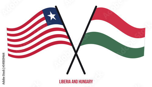 Liberia and Hungary Flags Crossed And Waving Flat Style. Official Proportion. Correct Colors.
