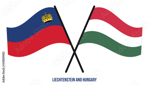 Liechtenstein and Hungary Flags Crossed And Waving Flat Style. Official Proportion. Correct Colors.