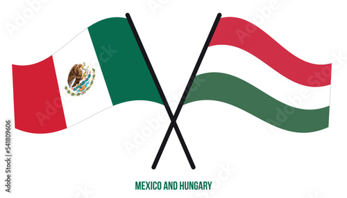 Mexico and Hungary Flags Crossed And Waving Flat Style. Official Proportion. Correct Colors.