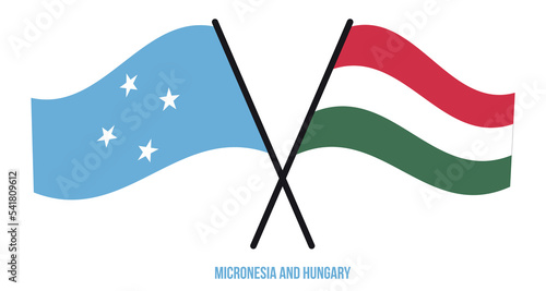 Micronesia and Hungary Flags Crossed And Waving Flat Style. Official Proportion. Correct Colors.