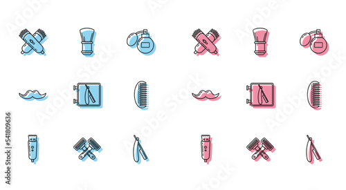 Set line Electrical hair clipper or shaver, Crossed shaving razor, electrical, Straight, Barbershop with, Hairbrush, Mustache and Shaving icon. Vector
