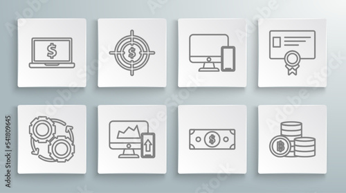 Set line Gear and arrows as workflow process concept, Stacks paper money cash, Cryptocurrency coin Bitcoin, Computer, Certificate template and Laptop icon. Vector