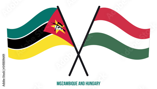 Mozambique and Hungary Flags Crossed And Waving Flat Style. Official Proportion. Correct Colors.