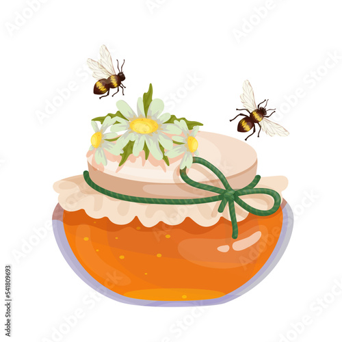 Jar of honey with chamomile flowers and honey bees.Vector graphics.