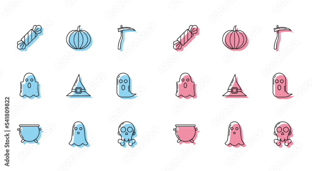 Set line Halloween witch cauldron, Ghost, Candy, Skull crossbones ...