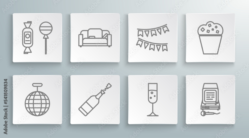 Set line Disco ball, Sofa, Champagne bottle, Glass champagne, Karaoke, Carnival garland with flags, Popcorn in cardboard box and Lollipop icon. Vector Set line Disco ball, Sofa, Champagne bottle, Glass champagne, Karaoke, Carnival garland with flags, Popcorn in cardboard box and Lollipop icon. Vector