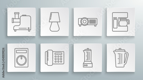 Set line Remote control, Table lamp, Telephone, Blender, Measuring cup, Coffee machine with glass pot and Kitchen meat grinder icon. Vector