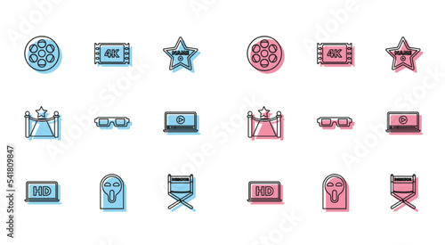 Set line Laptop screen with HD video technology, Film reel, Director movie chair, 3D cinema glasses, Online play, Carpet barriers star and 4k movie, tape, frame icon. Vector