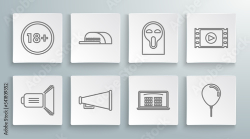 Set line Movie spotlight, Cap with inscription director, Megaphone, Buy cinema ticket online, Balloon ribbon, Funny and scary ghost mask, Play Video and Under 18 years icon. Vector