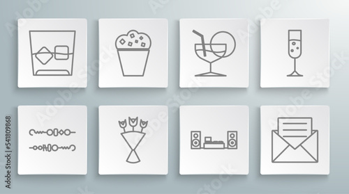 Set line Grilled shish kebab, Popcorn in cardboard box, Bouquet of flowers, Home stereo with two speakers, Envelope invitation, Martini glass, Glass champagne and whiskey and ice cubes icon. Vector