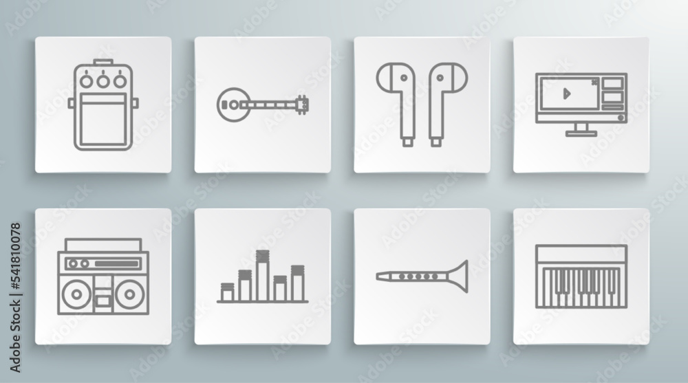 Set line Home stereo with two speakers, Banjo, Music equalizer, Clarinet, synthesizer, Air headphones, Video recorder or editor software monitor and Guitar pedal icon. Vector Set line Home stereo with two speakers, Banjo, Music equalizer, Clarinet, synthesizer, Air headphones, Video recorder or editor software monitor and Guitar pedal icon. Vector